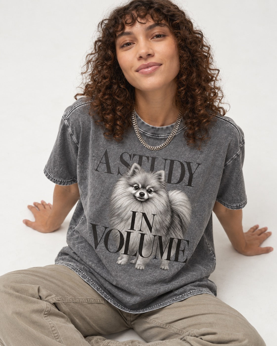 Pomeranian Study in Volume Washed Tee in Gray, worn by a seated model