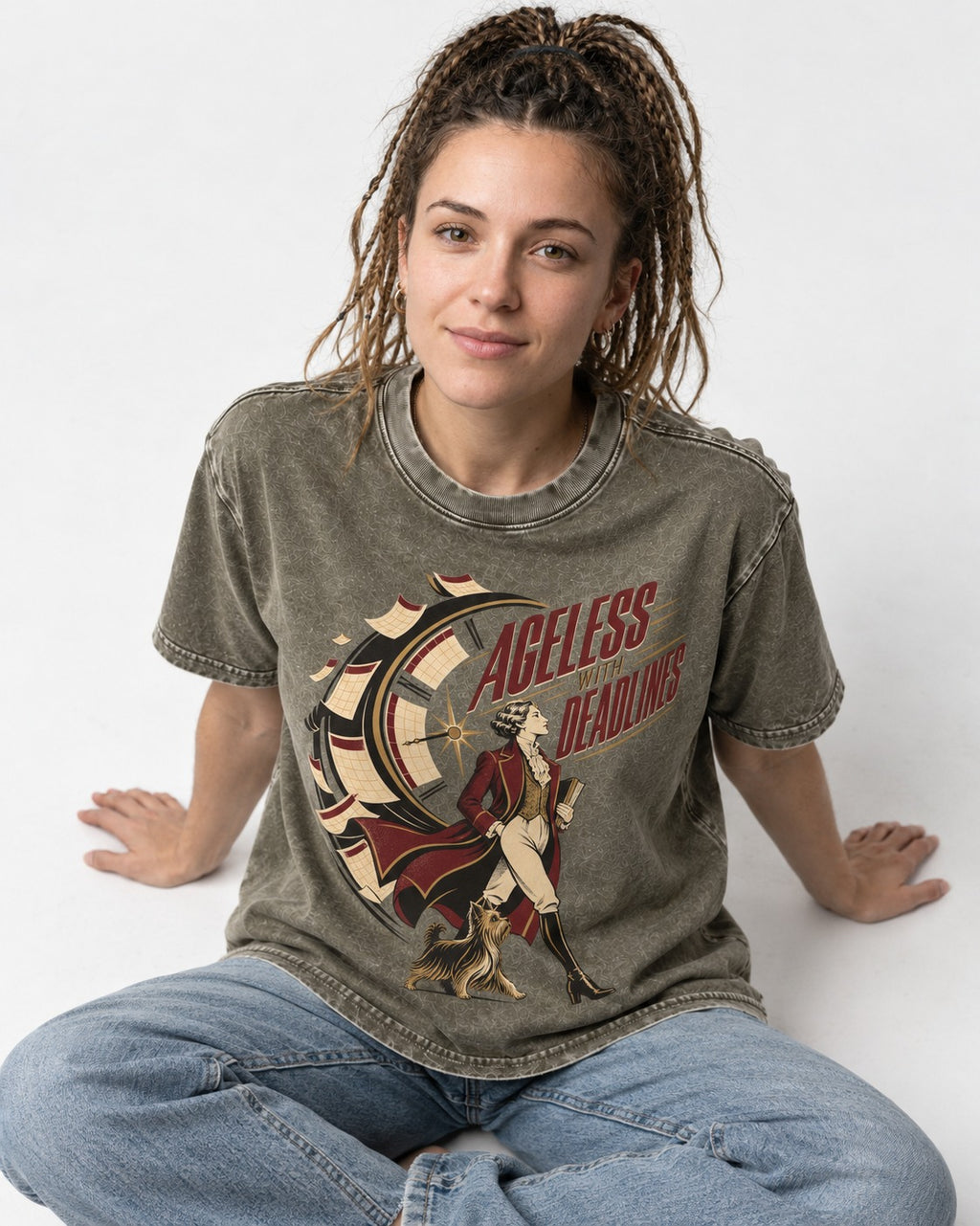 Yorkshire Terrier Ageless with Deadlines Calendar Clock Graphic Washed Tee in Army Green, worn by a seated model
