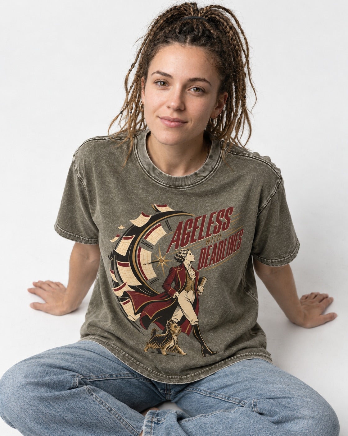Yorkshire Terrier Ageless with Deadlines Calendar Clock Graphic Washed Tee in Army Green, worn by a seated model