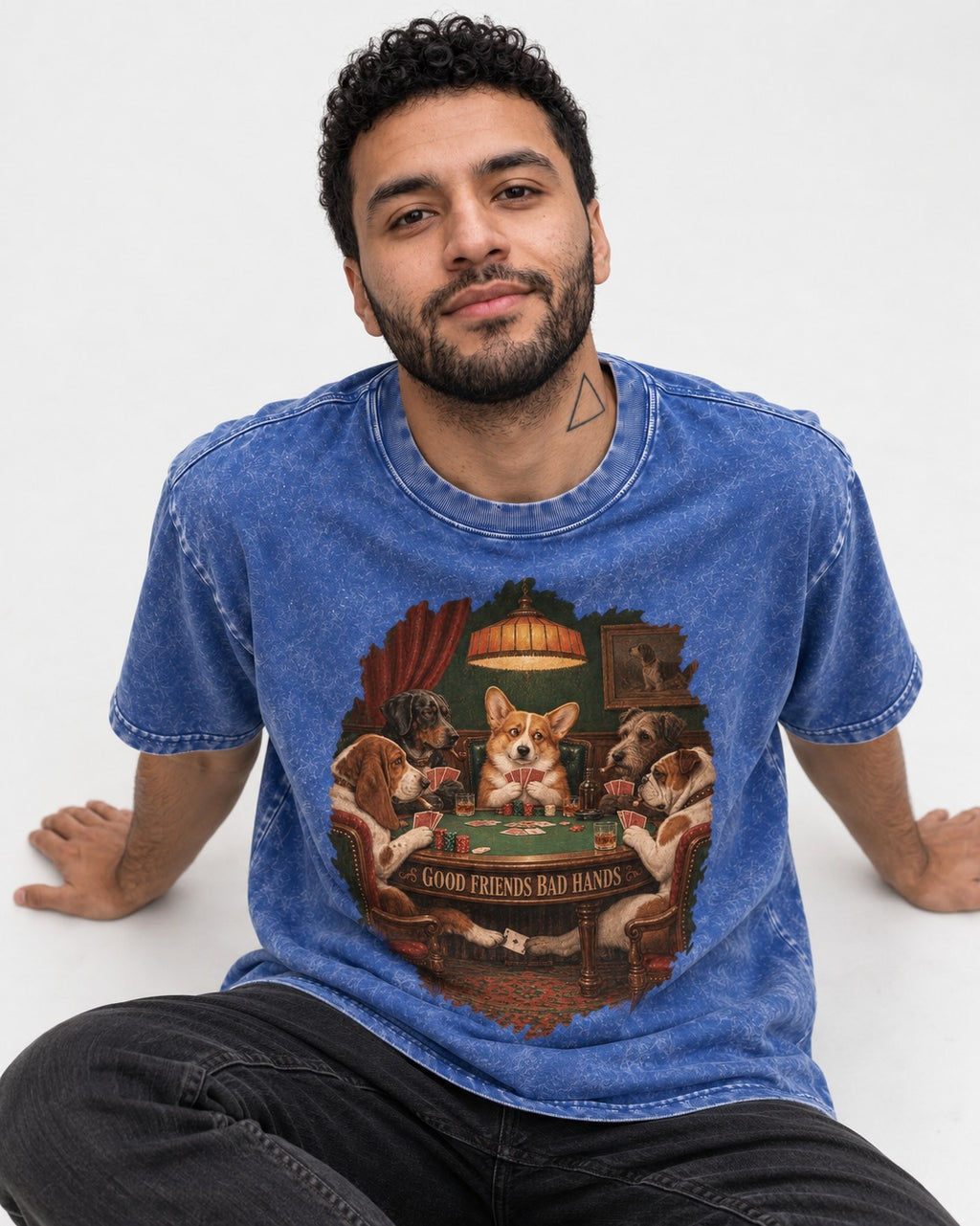Corgi Good Friends Bad Hands Poker Night Washed Tee in Royal Blue, worn by a seated model