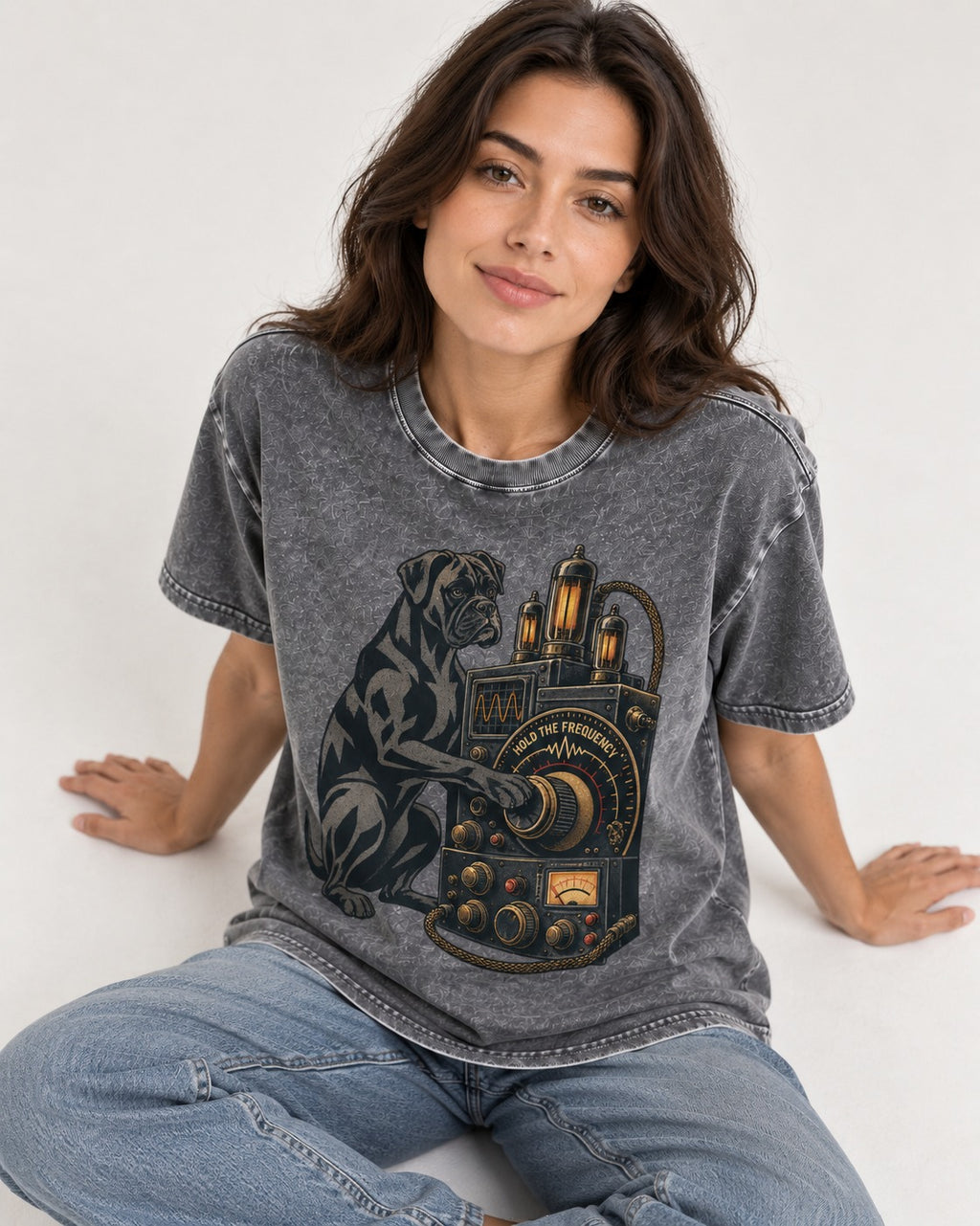 Hold the Boxer Frequency Washed Tee in Gray, worn by a seated model