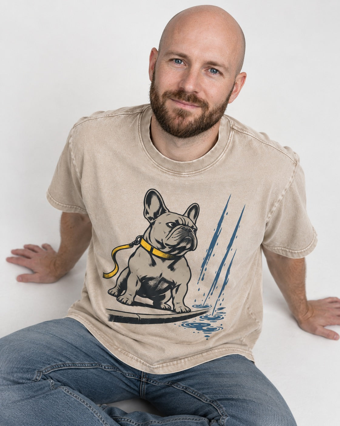 Frenchie Has Standards Washed Tee in Apricot, worn by a seated model