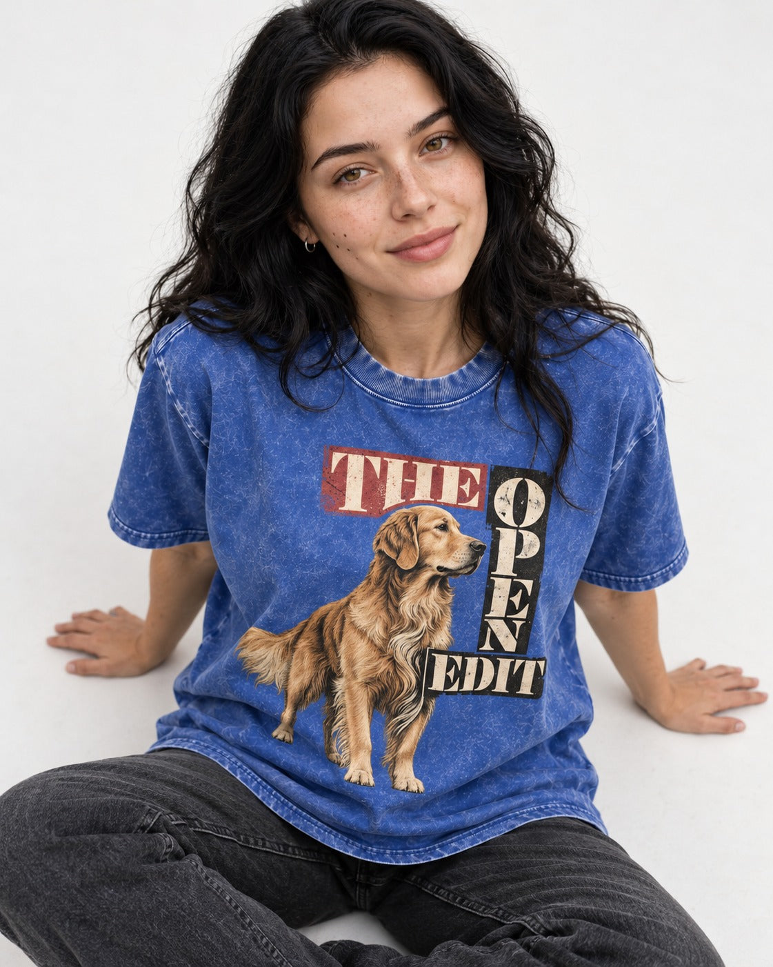 Golden Retriever The Open Edit Typography Portrait Graphic Washed Tee in Royal Blue, worn by a seated model