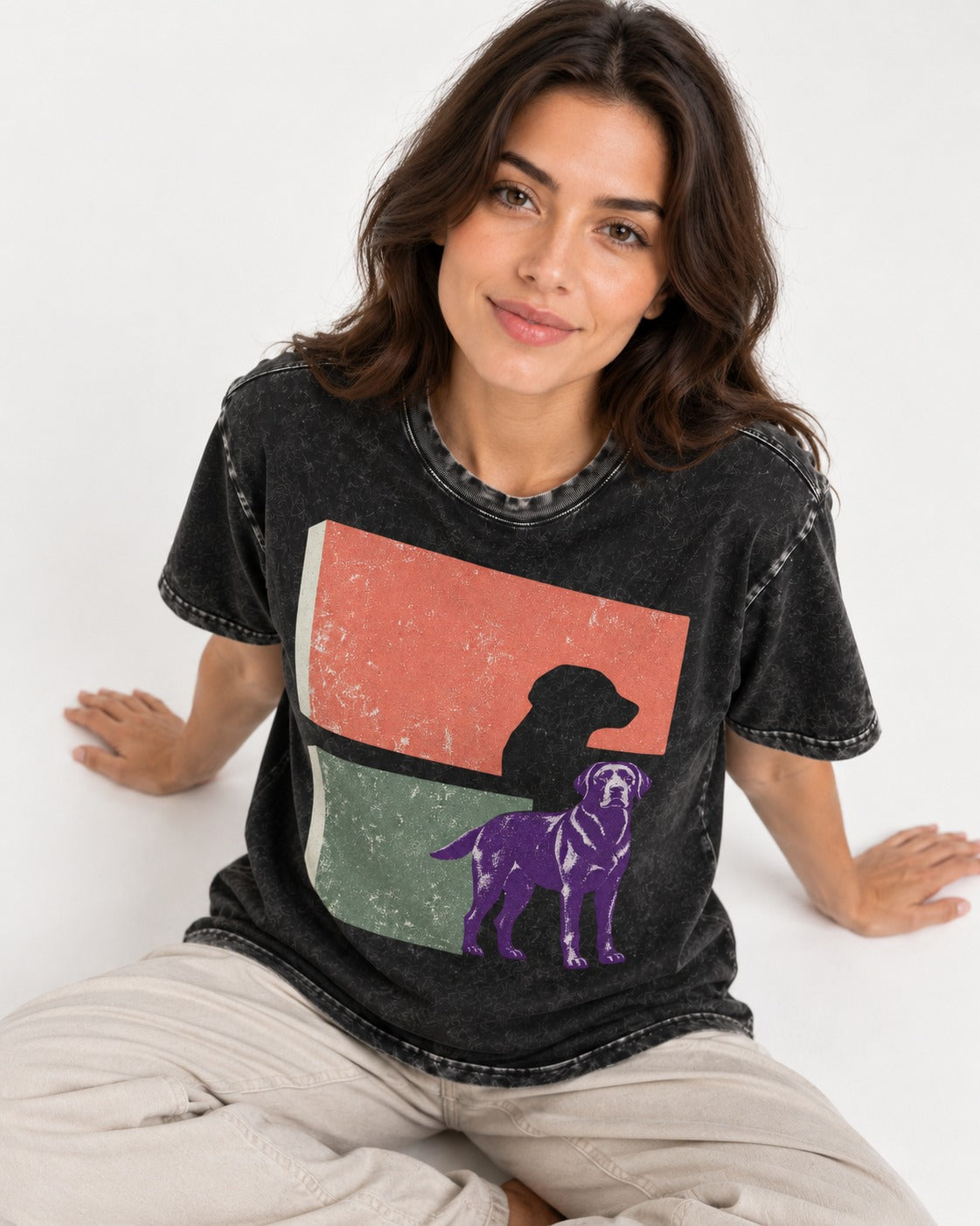 Labrador Retriever Field Test Brutalist Panels Graphic Washed Tee in Black, worn by a seated model