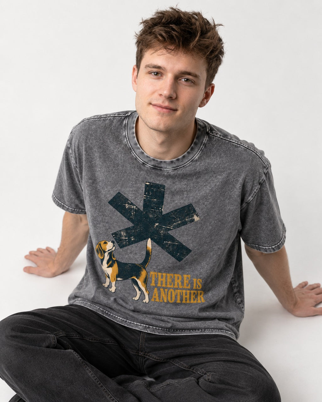 There Is Another Beagle Washed Tee in Gray, worn by a seated model