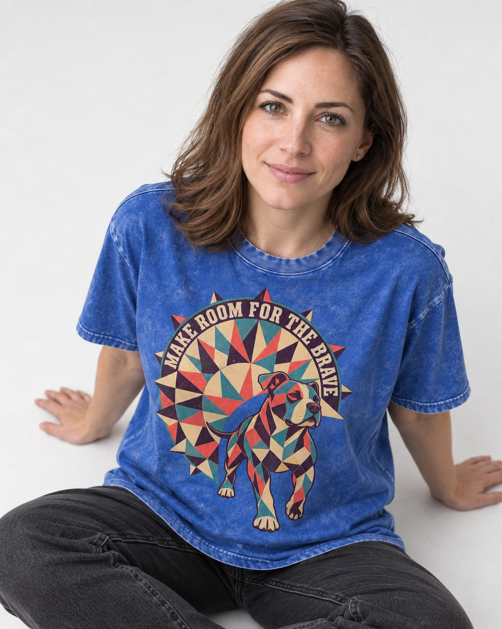 Pitbull Make Room for the Brave Mosaic Graphic Washed Tee in Royal Blue, worn by a seated model