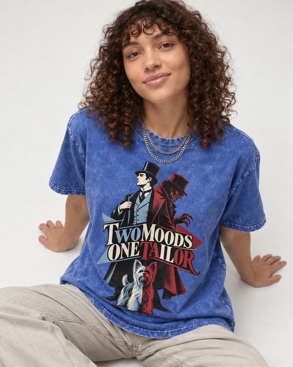 Yorkshire Terrier Two Moods One Tailor Split Persona Graphic Washed Tee in Royal Blue, worn by a seated model
