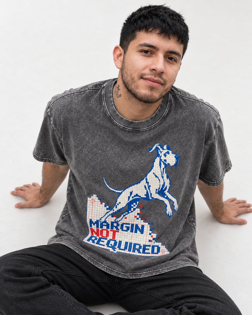 Great Dane Margin Not Required Washed Tee in Gray, worn by a seated model