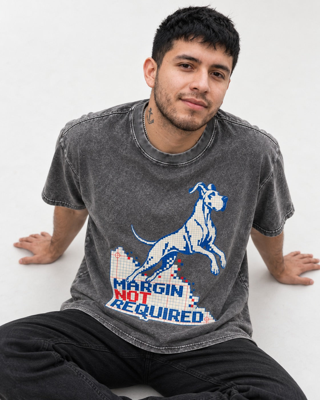 Great Dane Margin Not Required Washed Tee in Gray, worn by a seated model