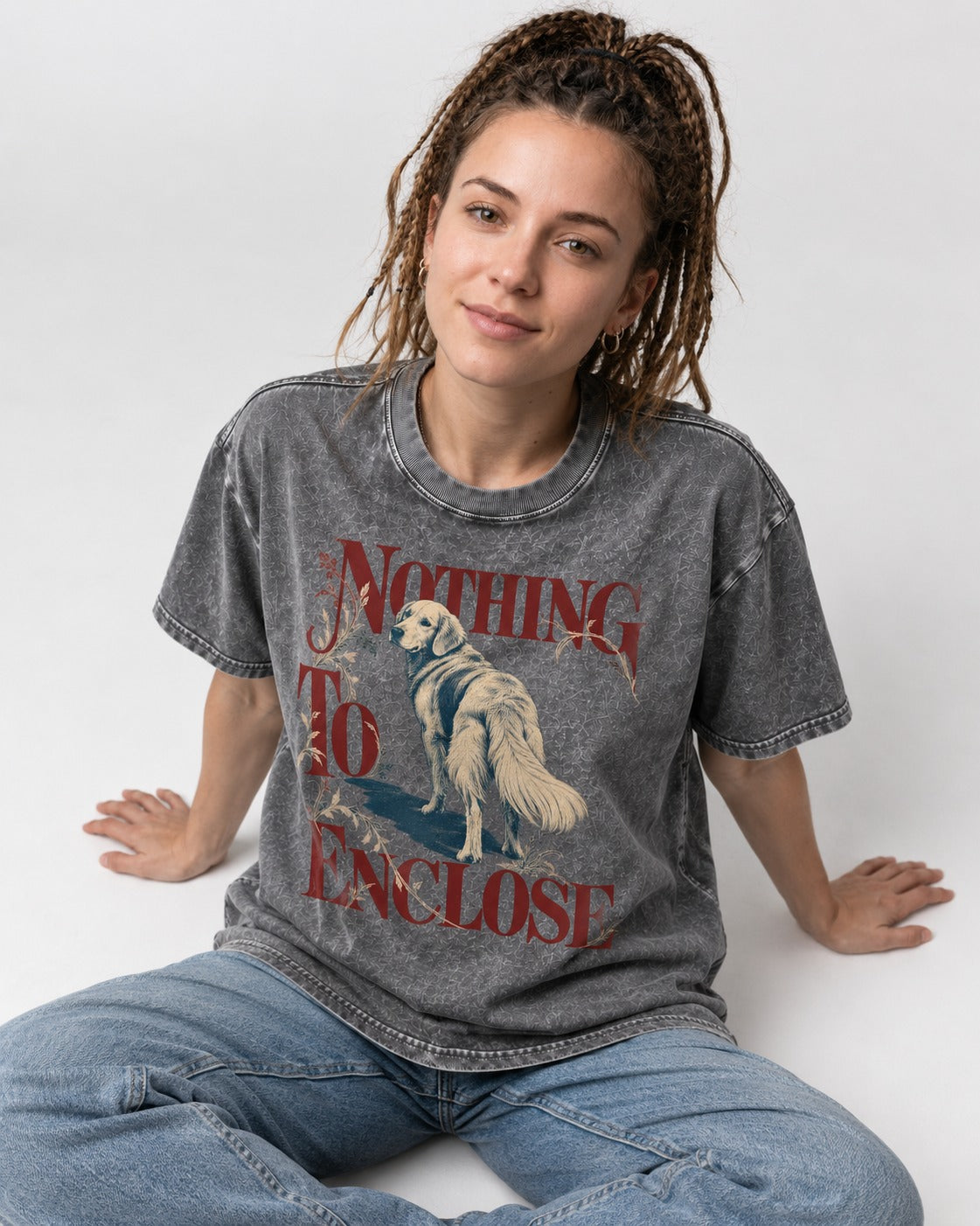 Golden Retriever Nothing to Enclose Washed Tee in Gray, worn by a seated model