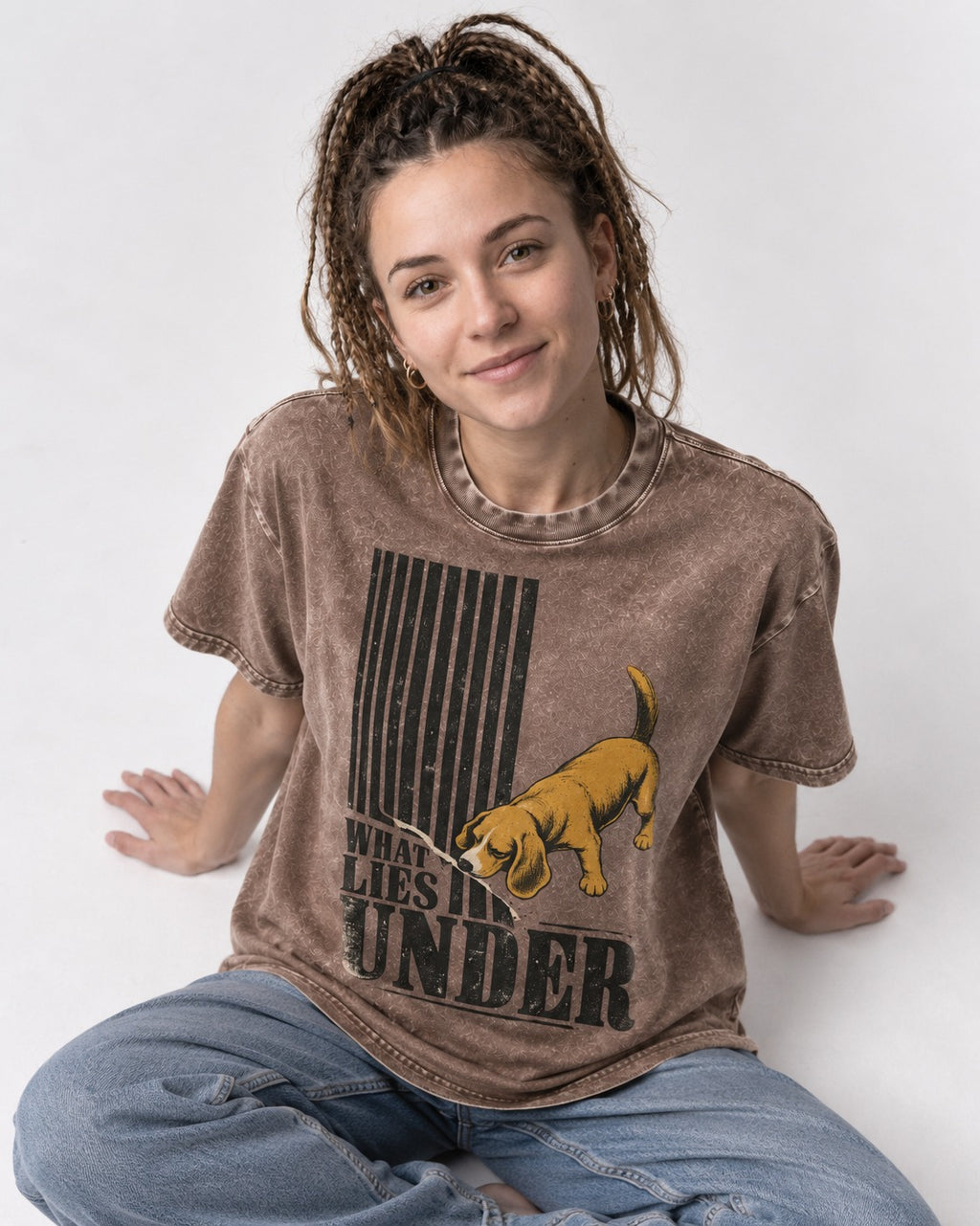 Beagle Knows What Lies Under Washed Tee in Coffee, worn by a seated model