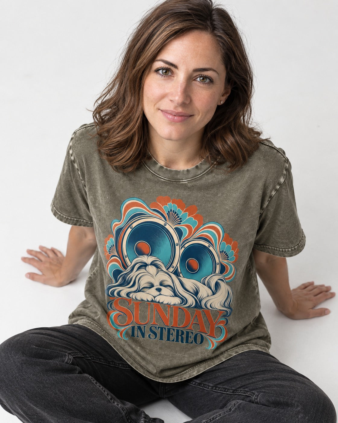 Shih Tzu Sunday in Stereo Retro Speaker Graphic Washed Tee in Army Green, worn by a seated model