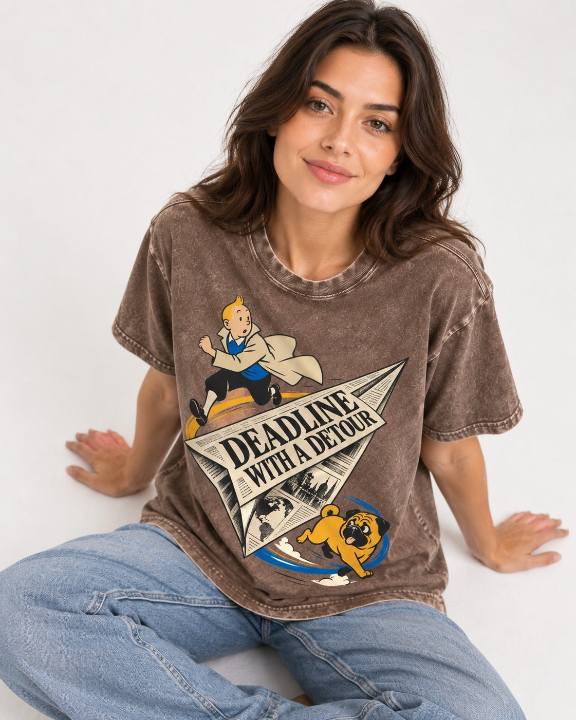Deadline with a Pug Detour Washed Tee in Coffee, worn by a seated model