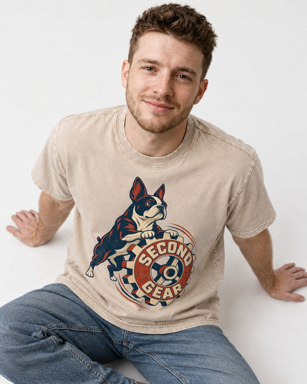 Second Gear Boston Terrier Graphic Washed Tee in Apricot, worn by a seated model