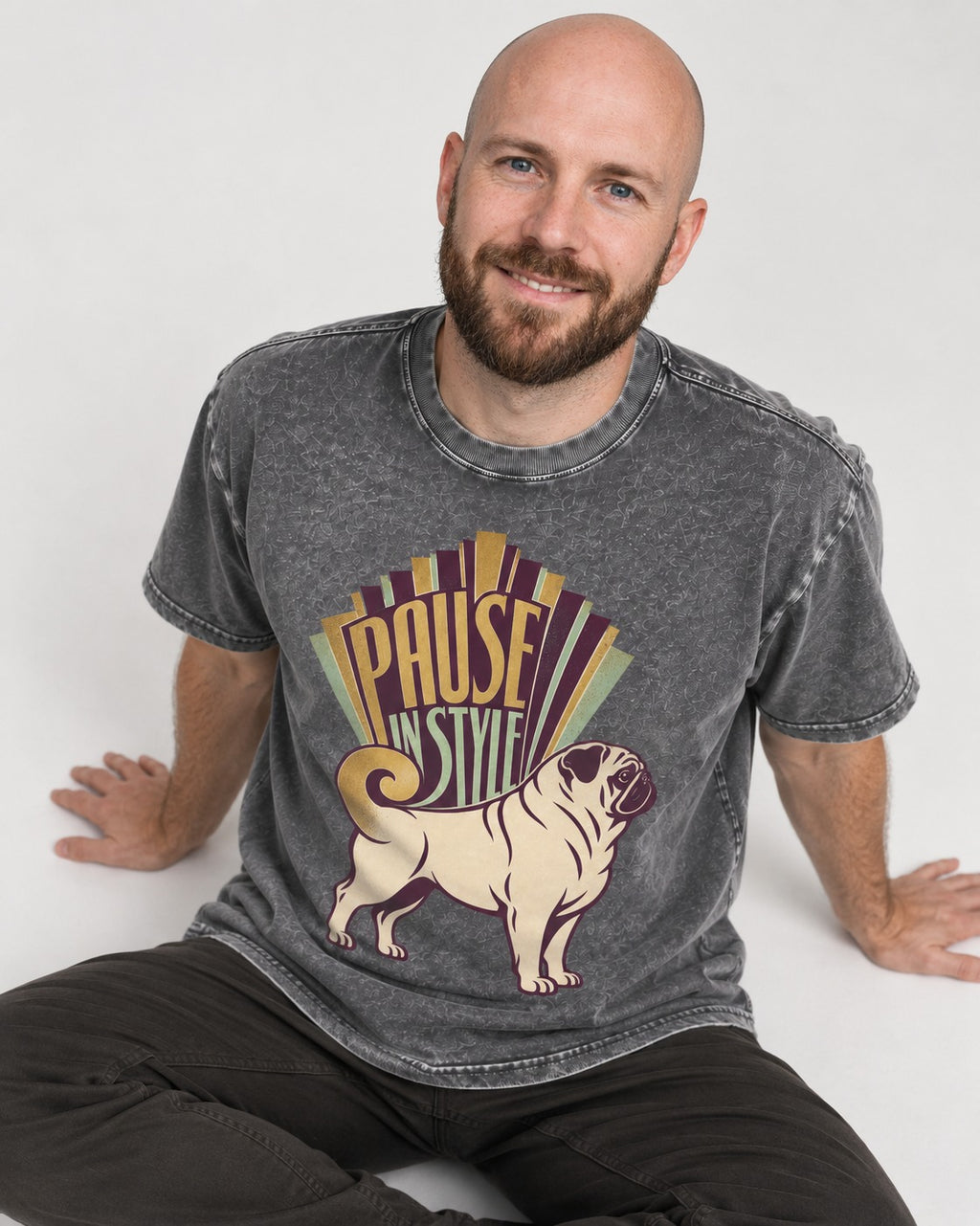 Pug Pause Washed Tee in Gray, worn by a seated model