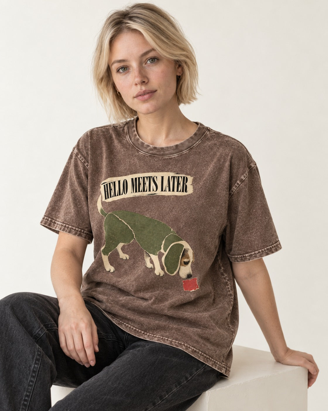 Twenty Minutes Later Beagle Washed Tee in Coffee, worn by a seated model