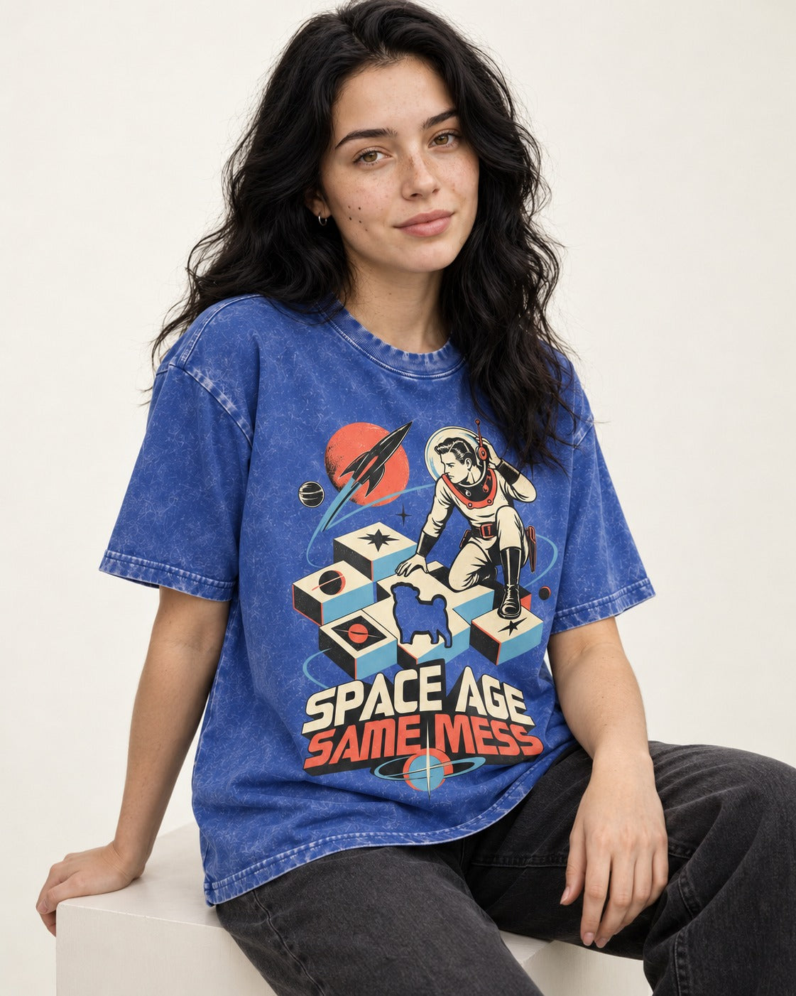 Pug Space Age Same Mess Astronaut Graphic Washed Tee in Royal Blue, worn by a seated model
