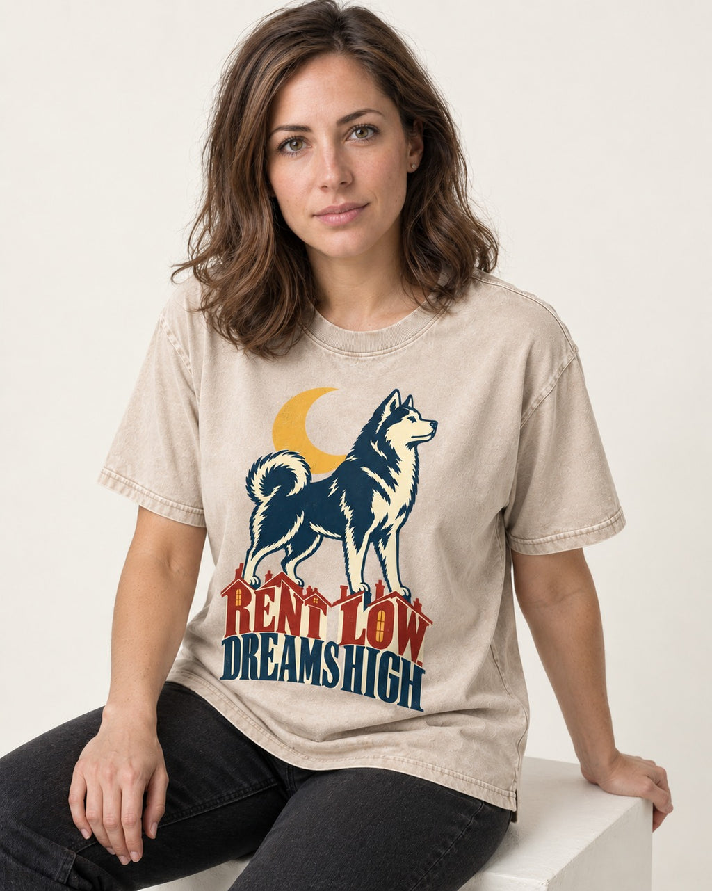 Husky Dreams High Washed Tee in Apricot, worn by a seated model