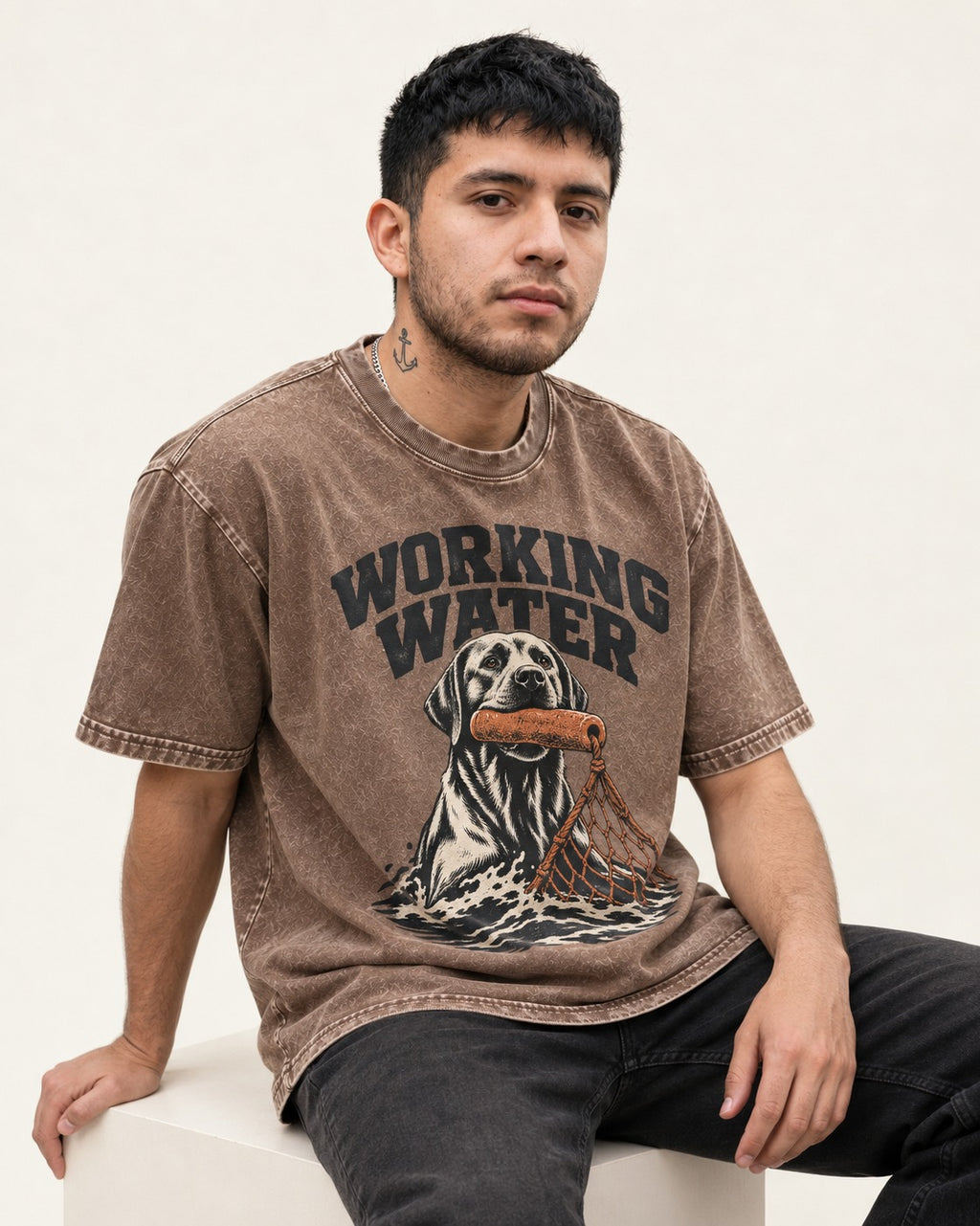 Working Water Labrador Retriever Washed Tee in Coffee, worn by a seated model