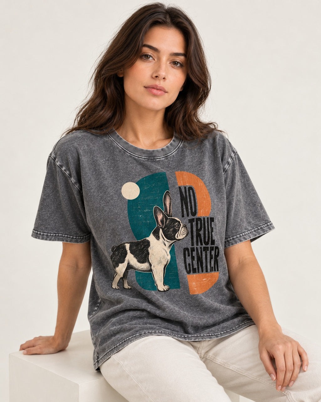 No True Center Frenchie Washed Tee in Gray, worn by a seated model