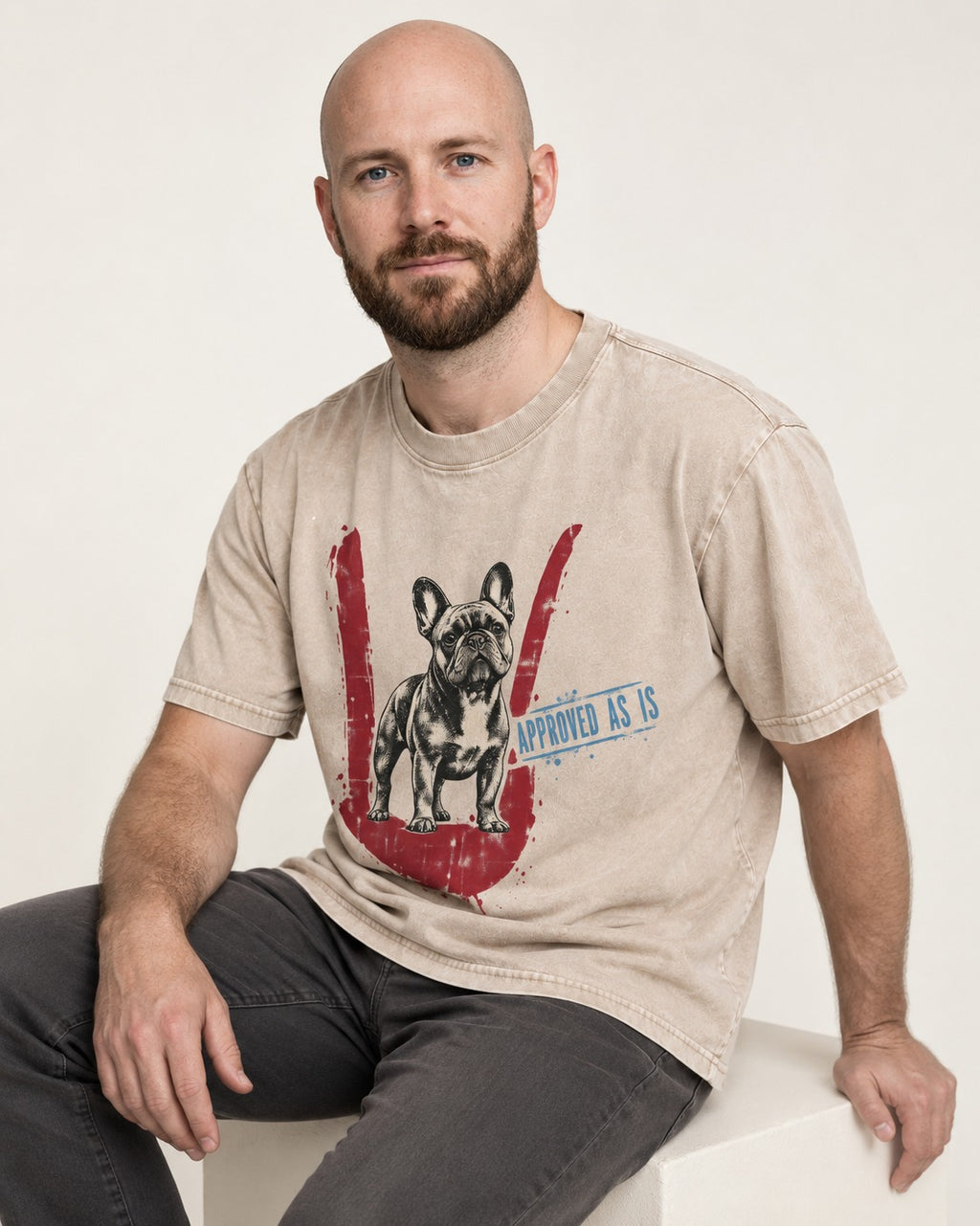 Frenchie Approved As Is Check Mark Graphic Washed Tee in Apricot, worn by a seated model