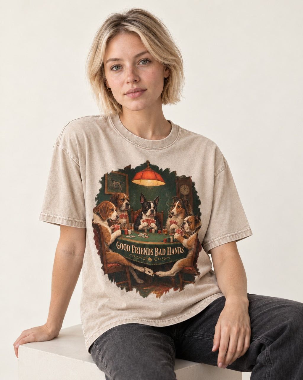 Good Friends Bad Hands Boston Terrier Poker Night Washed Tee in Apricot, worn by a seated model