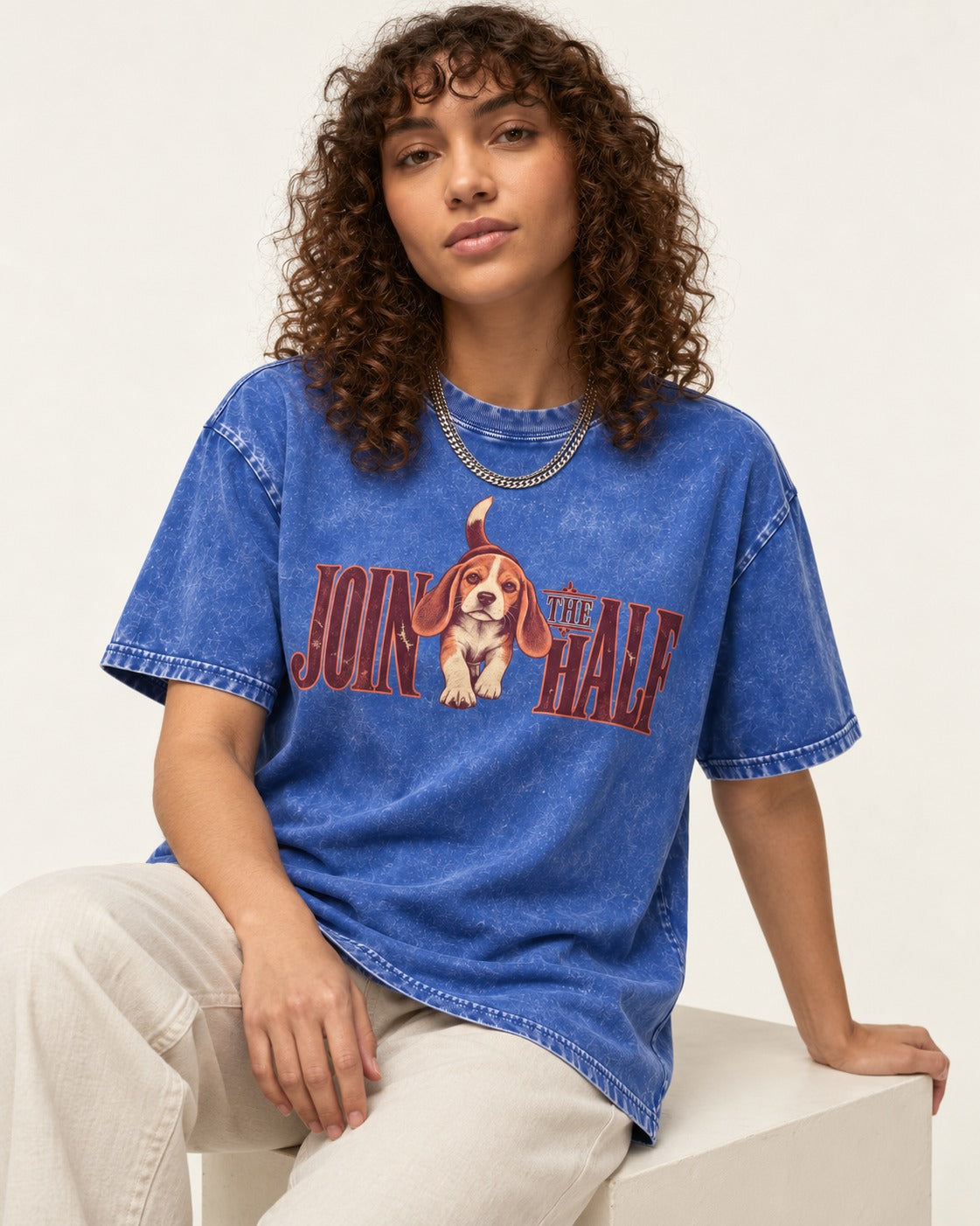 Beagle Join The Half Washed Tee in Royal Blue, worn by a seated model