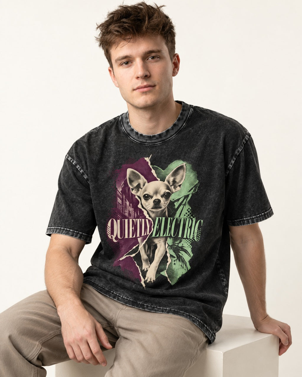 Chihuahua Quietly Electric Washed Tee in Black, worn by a seated model