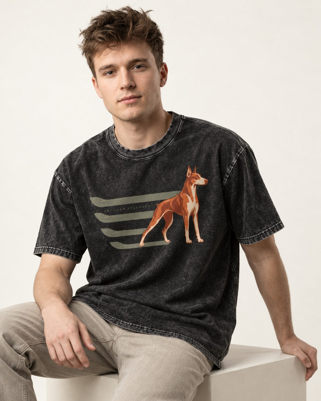 Doberman The Lean Standard Speed Bars Graphic Washed Tee in Black, worn by a seated model