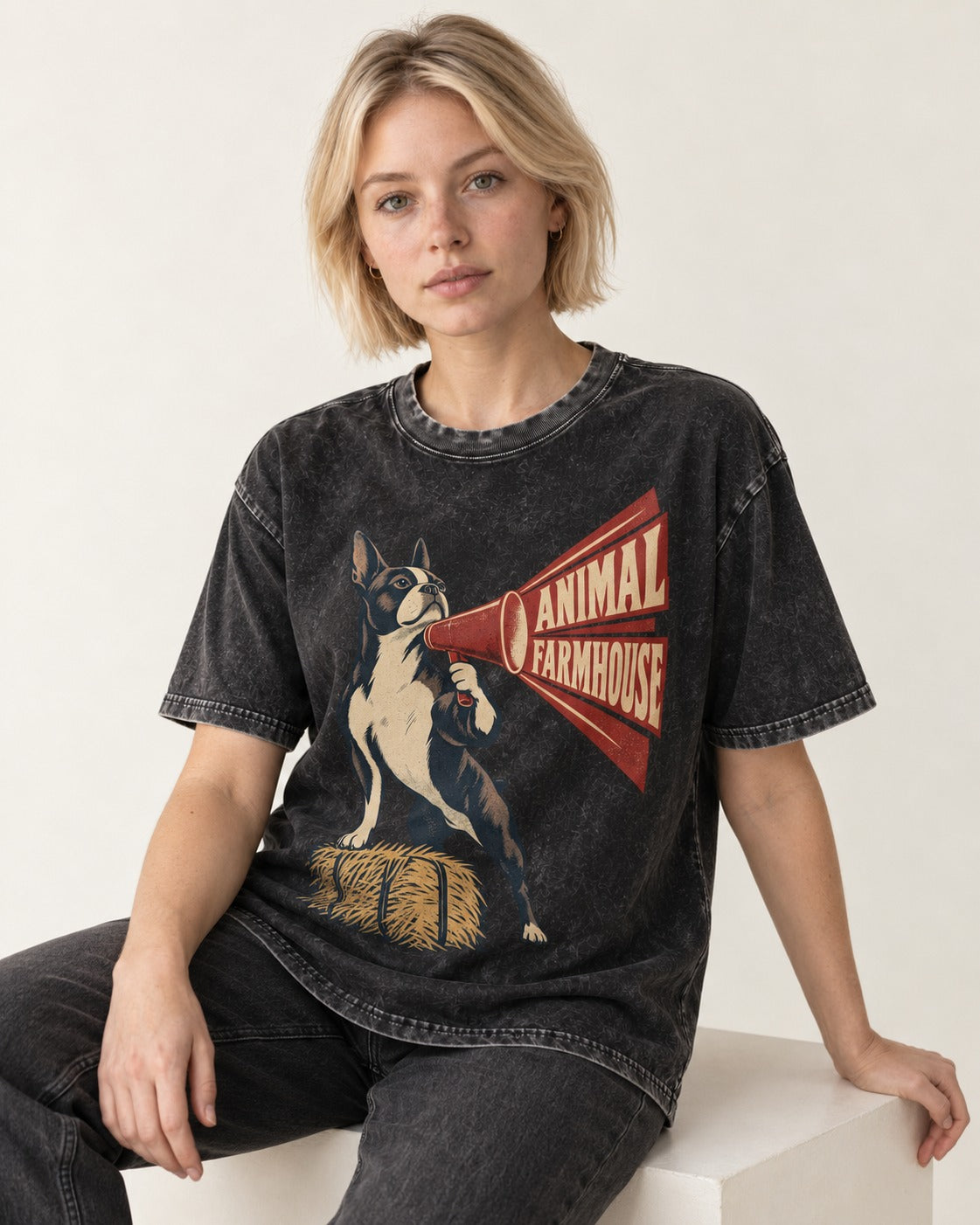 Animal Farmhouse Boston Terrier Washed Tee in Black, worn by a seated model