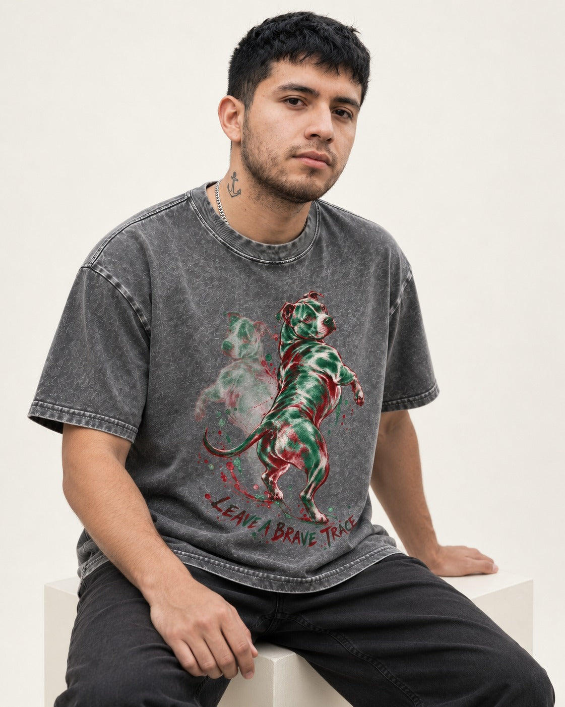 Pitbull's Brave Trace Washed Tee in Gray, worn by a seated model
