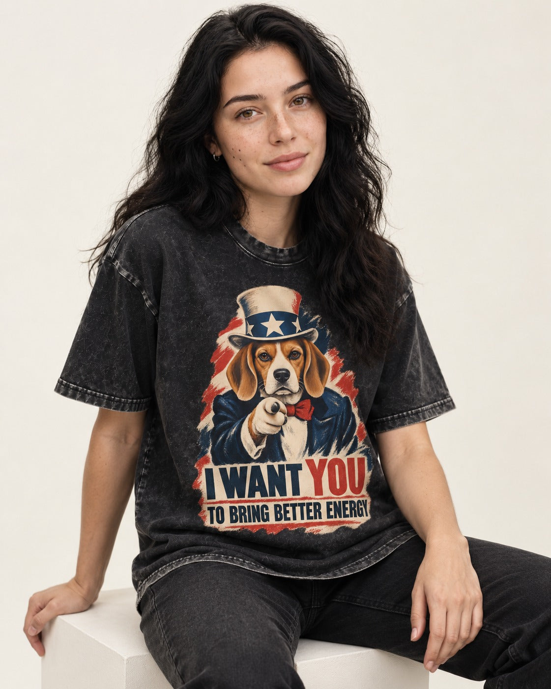 Bring Better Energy Beagle Uncle Sam Washed Tee in Black, worn by a seated model