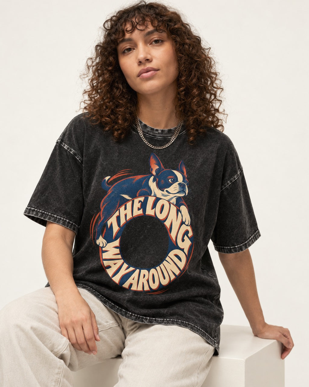 Boston Terrier the Long Way Around Washed Tee in Black, worn by a seated model