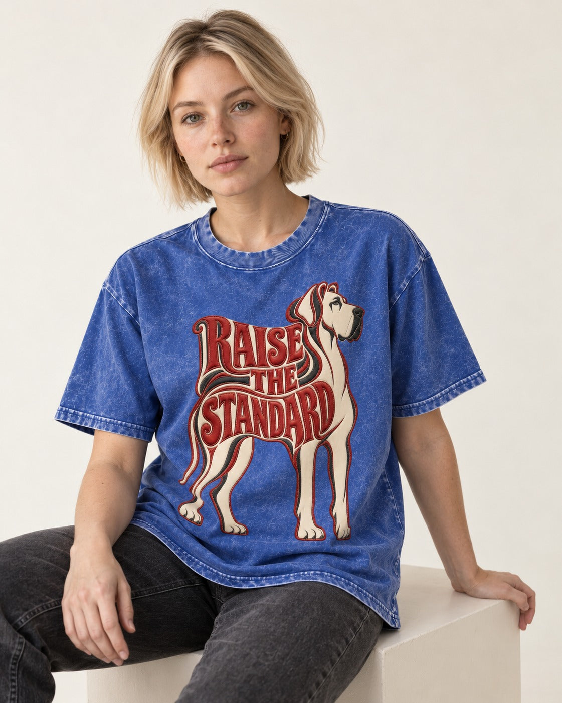 Great Dane Raise the Standard Typography Graphic Washed Tee in Royal Blue, worn by a seated model