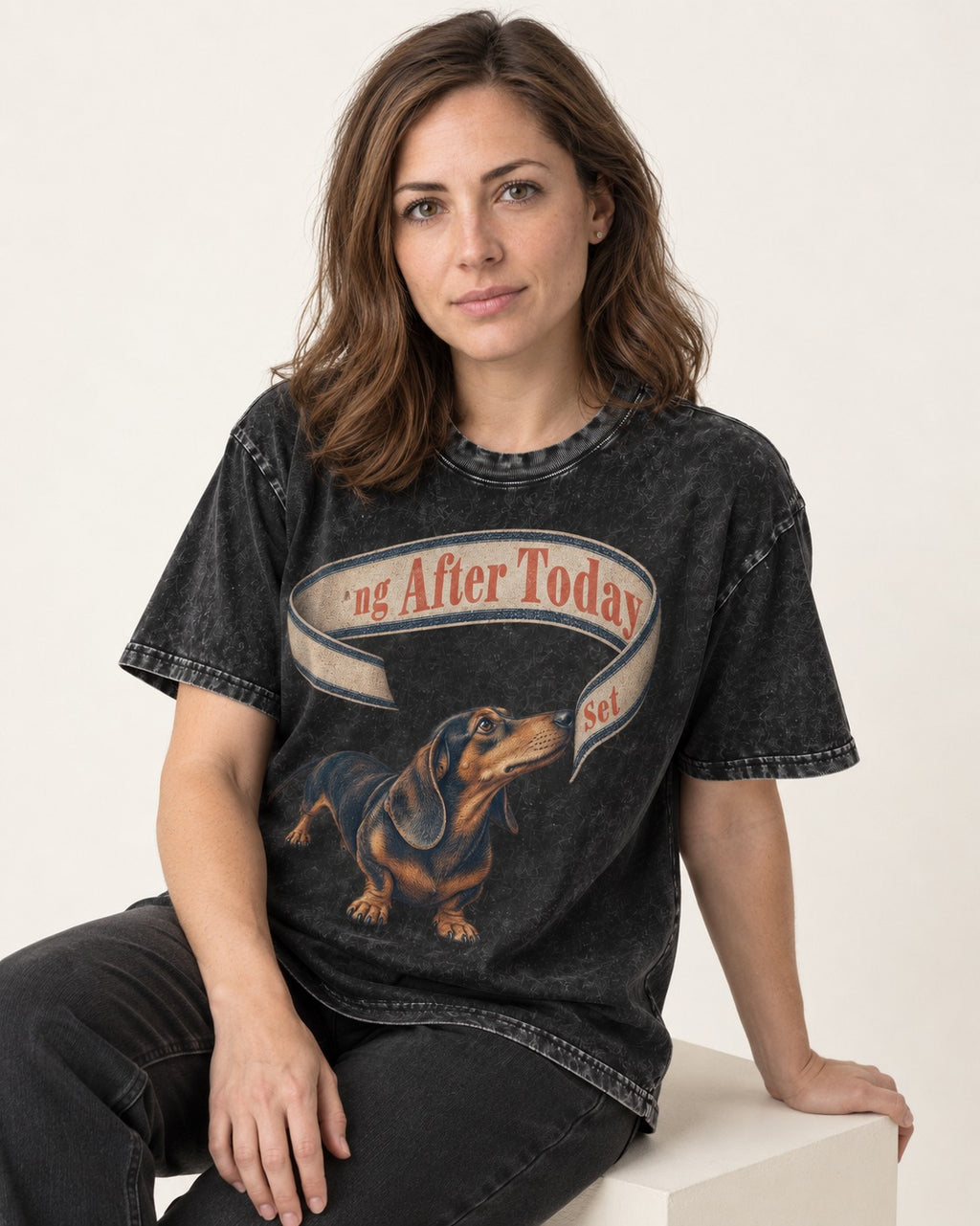 Dachshund ng After Today Set Ribbon Graphic Washed Tee in Black, worn by a seated model