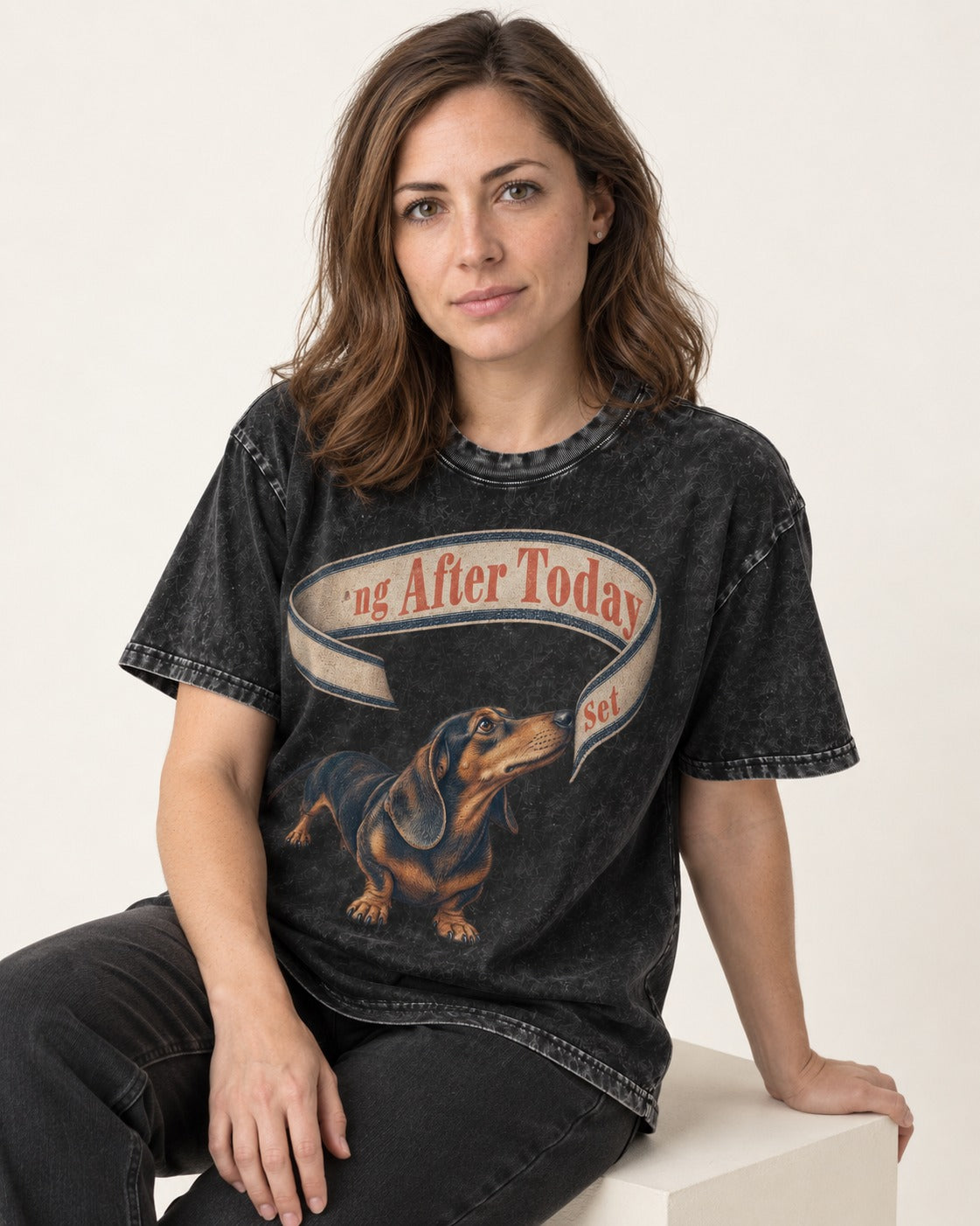 Dachshund ng After Today Set Ribbon Graphic Washed Tee in Black, worn by a seated model