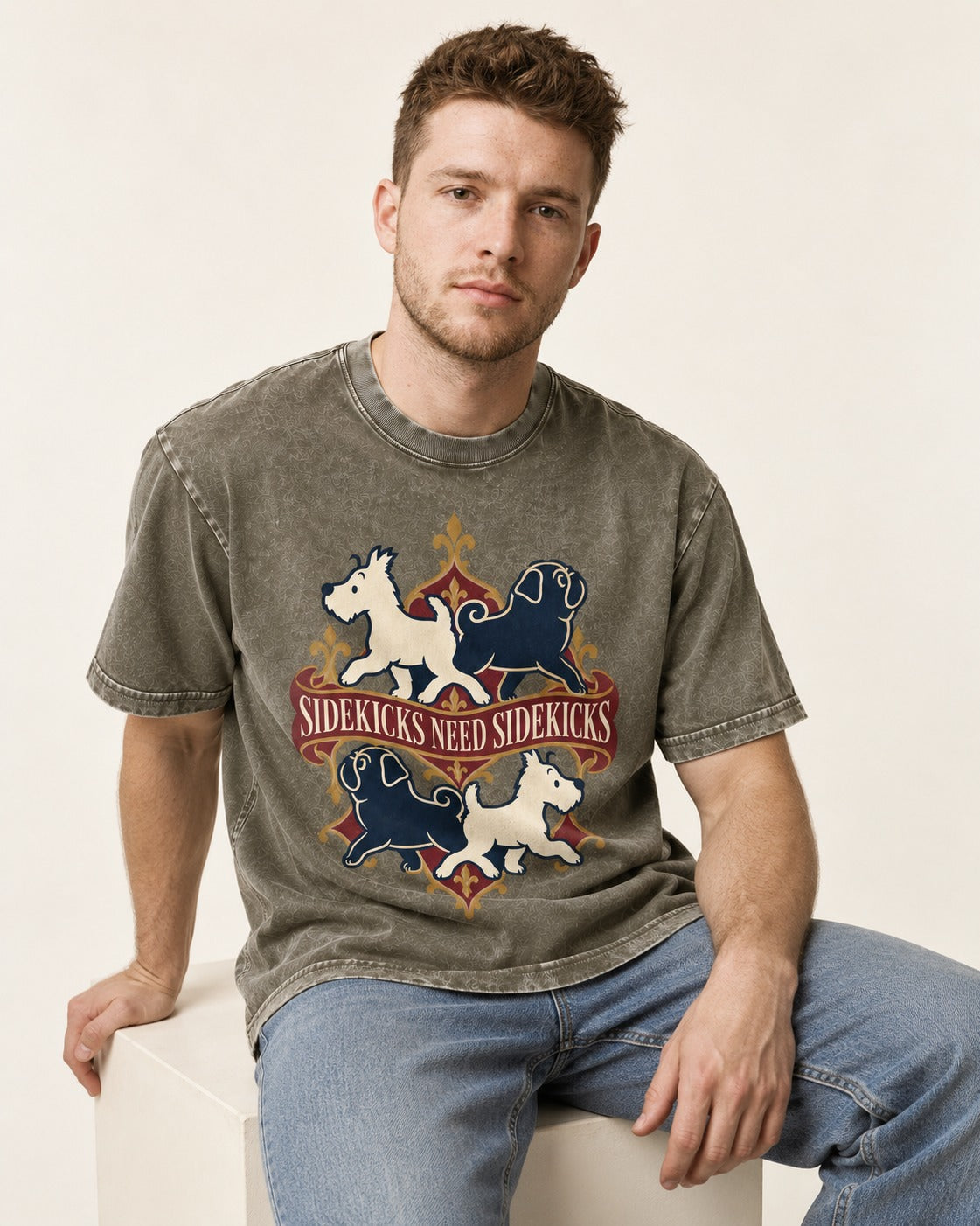 Pug Sidekicks Need Sidekicks Heraldic Graphic Washed Tee in Army Green, worn by a seated model