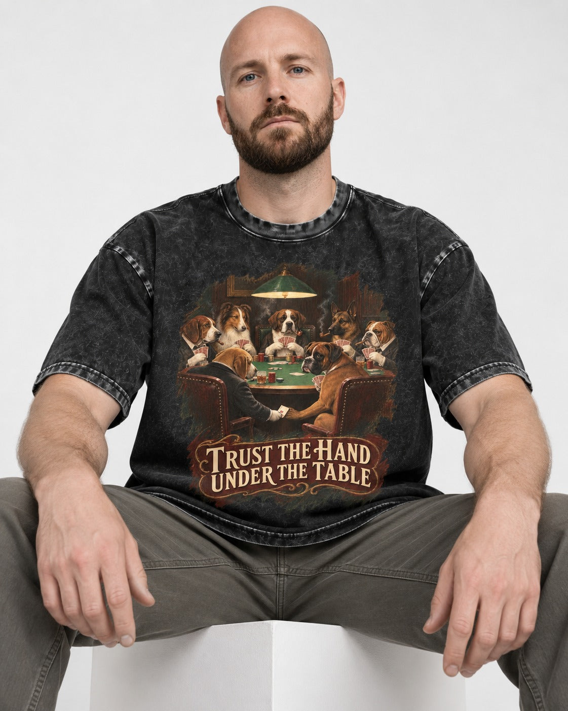Trust the Hand Under the Table Boxer Poker Graphic Washed Tee in Black, worn by a seated model