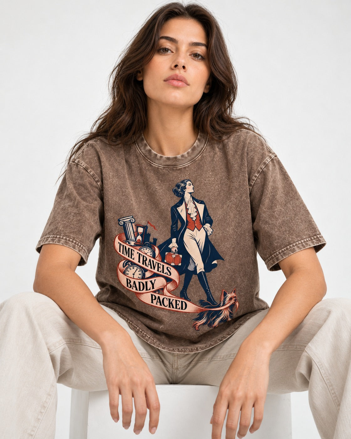 Time Travels Badly Packed Yorkshire Terrier Washed Tee in Coffee, worn by a seated model