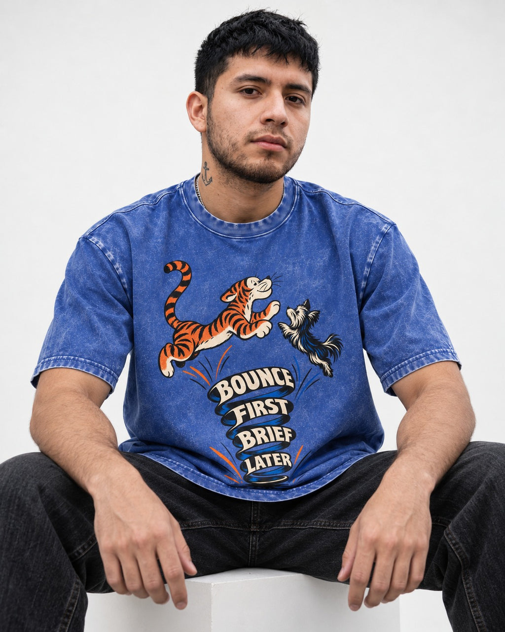 Yorkshire Terrier Bounce First Brief Later Tiger Graphic Washed Tee in Royal Blue, worn by a seated model