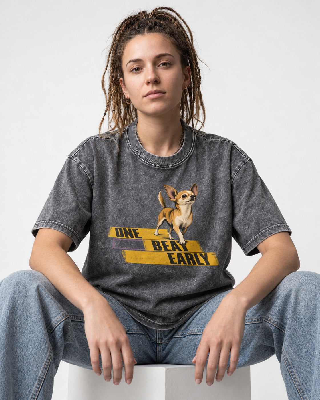 One Beat Early Chihuahua Washed Tee in Gray, worn by a seated model