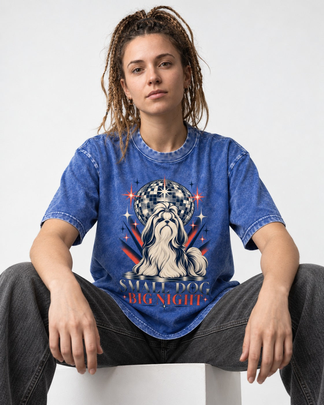 Shih Tzu Small Dog Big Night Disco Graphic Washed Tee in Royal Blue, worn by a seated model