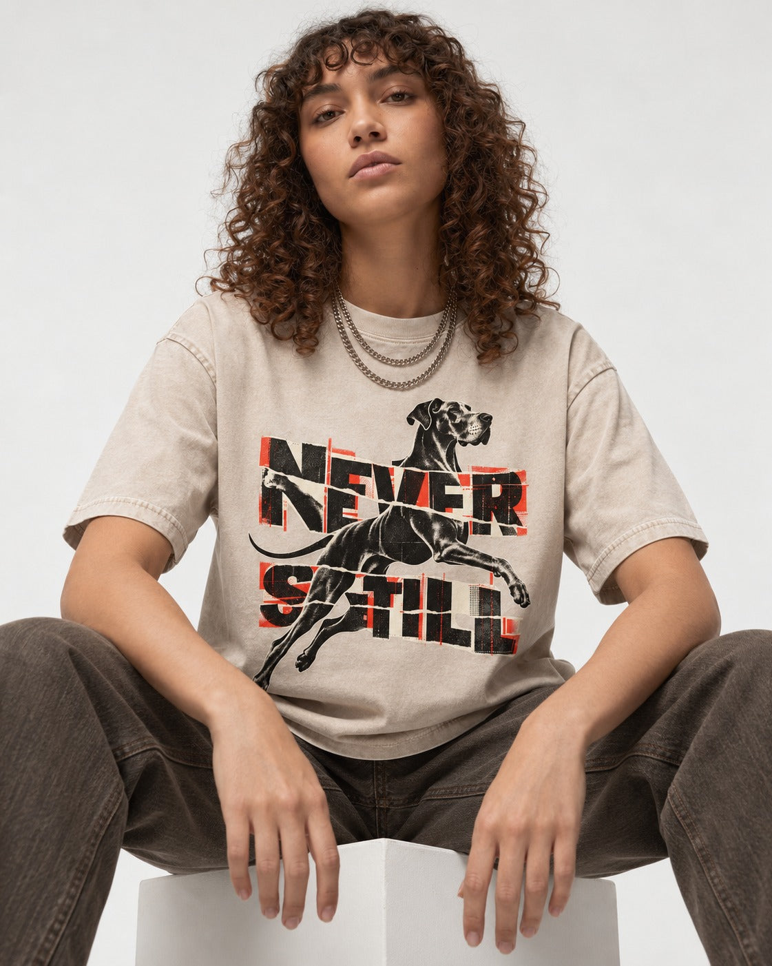 Great Dane Never Still Leaping Collage Graphic Washed Tee in Apricot, worn by a seated model