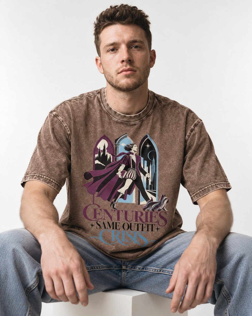 Yorkshire Terrier Centuries Same Outfit Crisis Gothic Graphic Washed Tee in Coffee, worn by a seated model