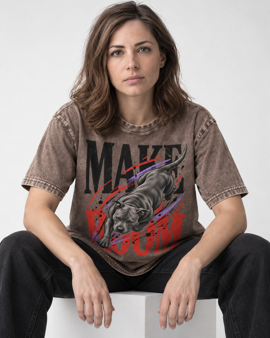Make Room for Pitbull Washed Tee in Coffee, worn by a seated model