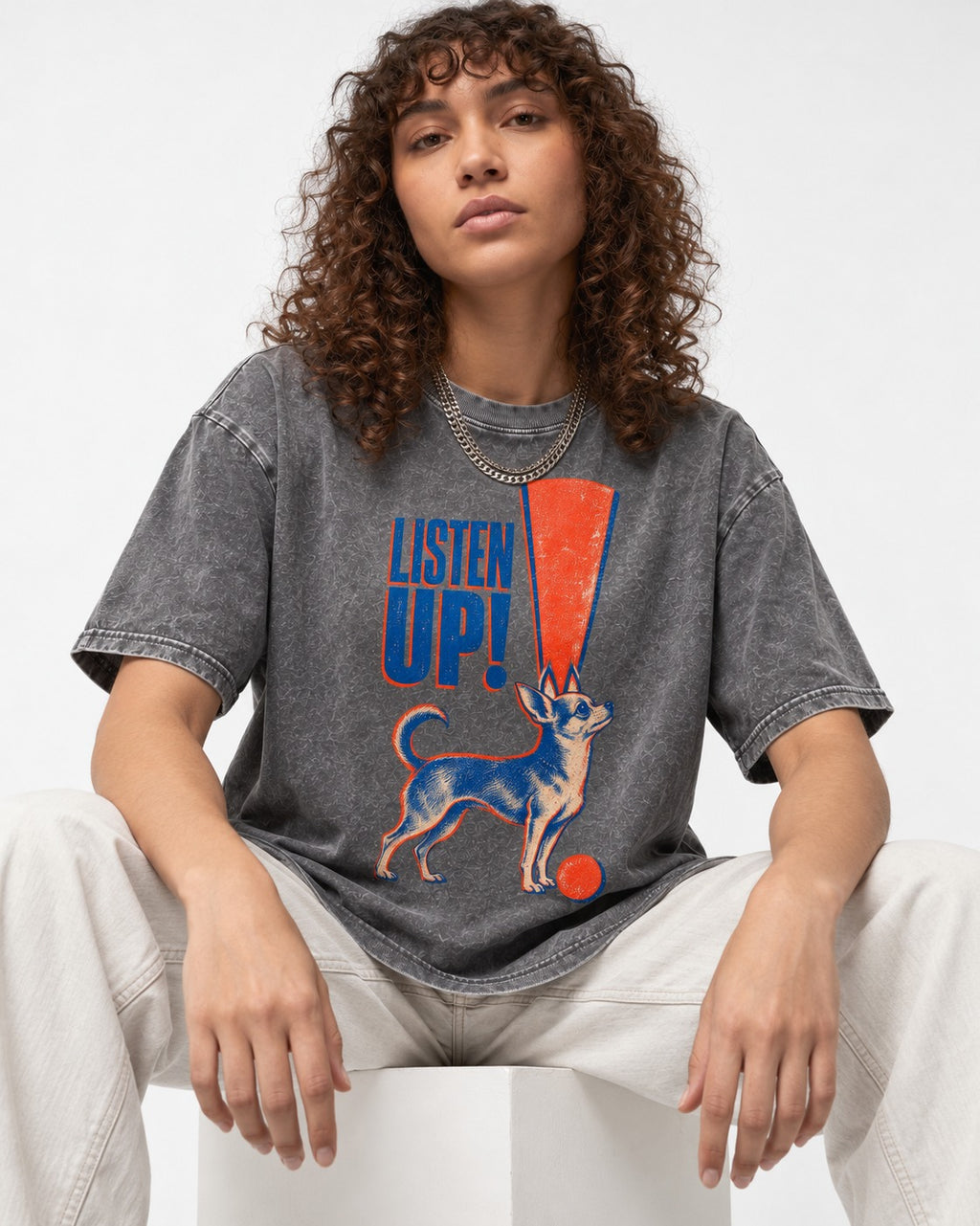 Listen Up Chihuahua Washed Tee in Gray, worn by a seated model