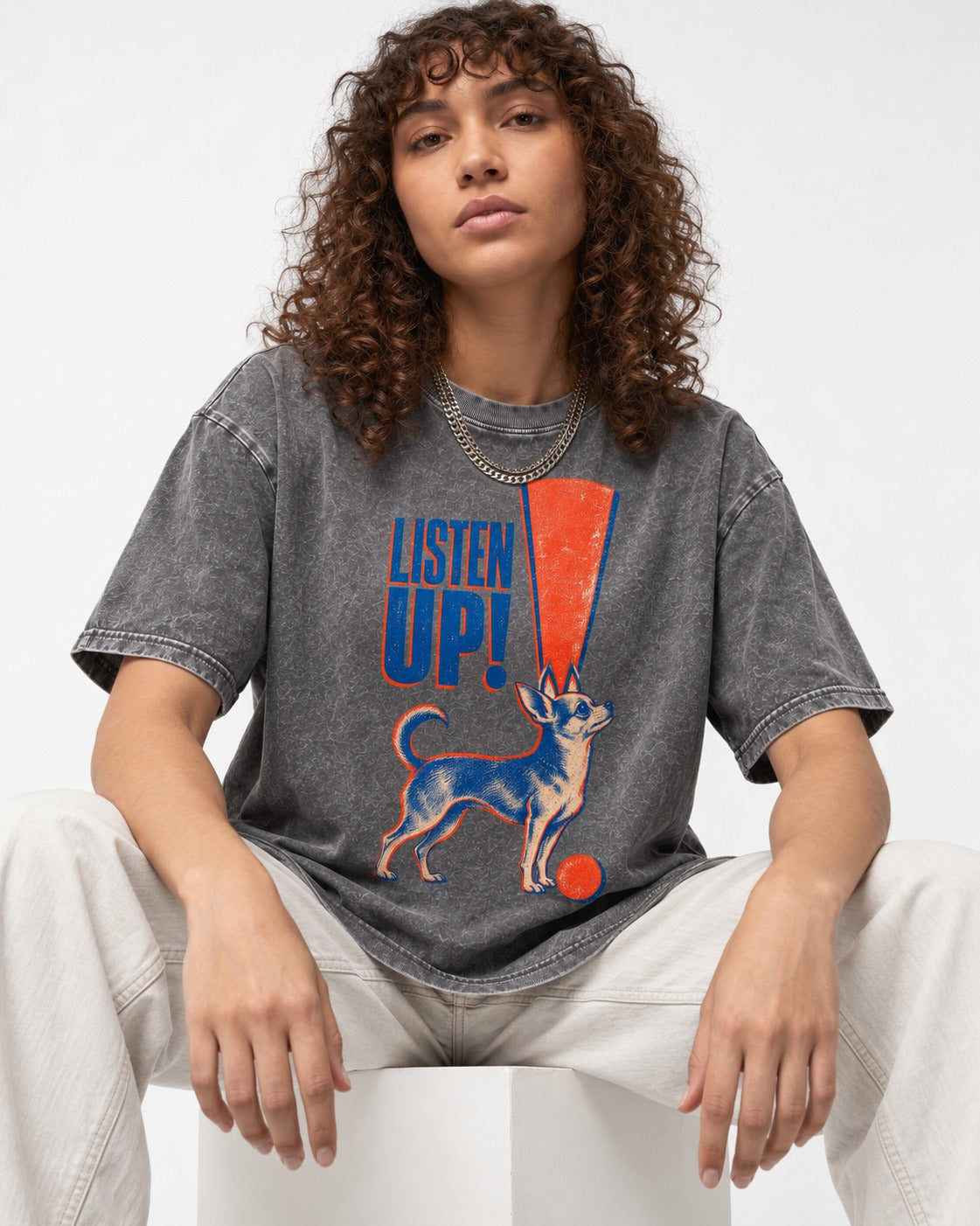Listen Up Chihuahua Washed Tee in Gray, worn by a seated model