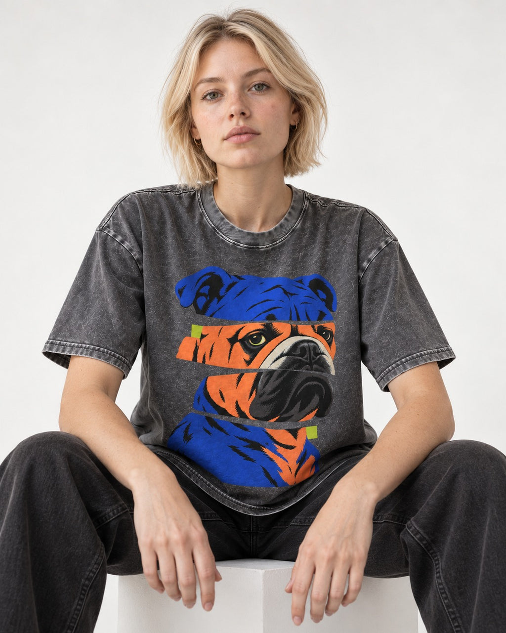 English Bulldog Unbreakable Washed Tee in Gray, worn by a seated model