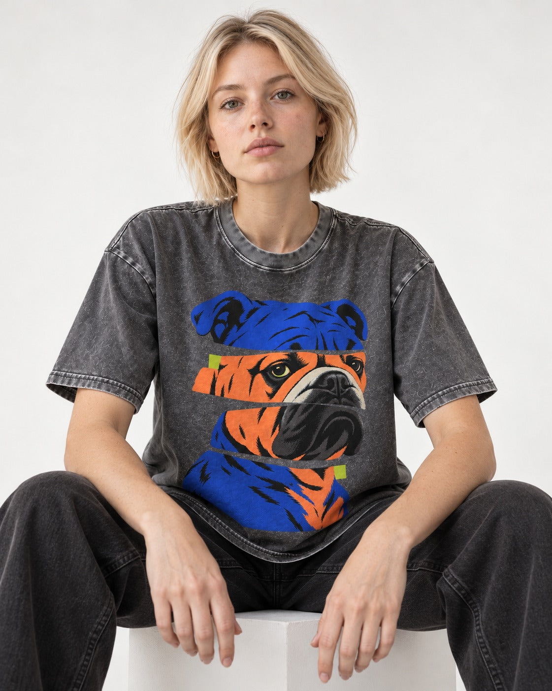 English Bulldog Unbreakable Washed Tee in Gray, worn by a seated model