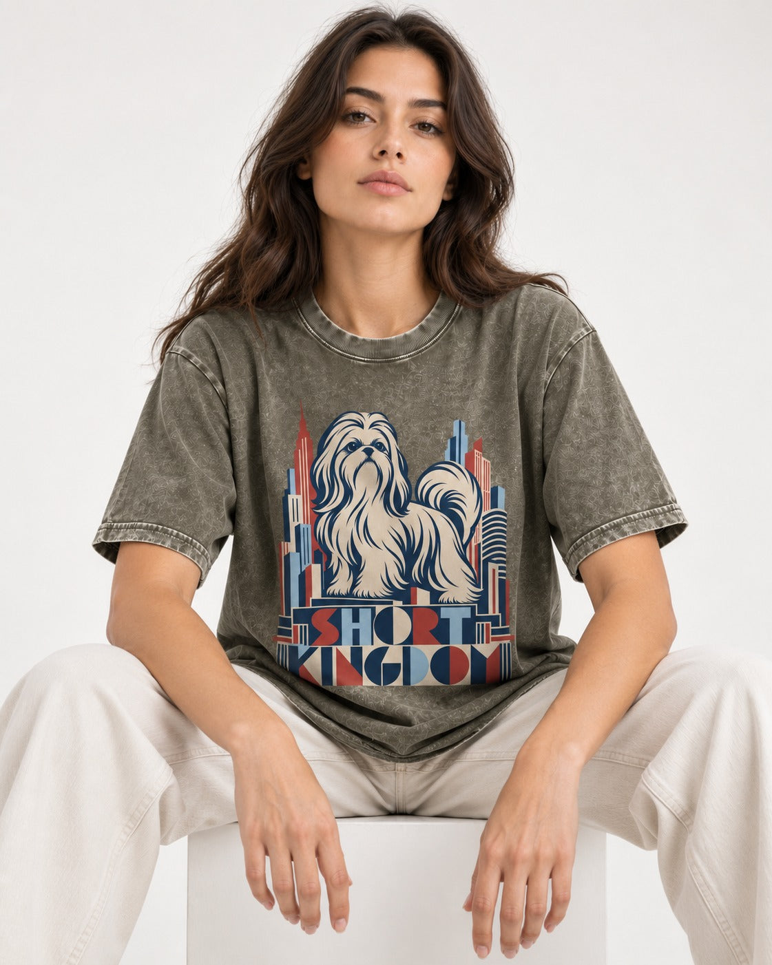 Shih Tzu Short Kingdom Art Deco Skyline Graphic Washed Tee in Army Green, worn by a seated model